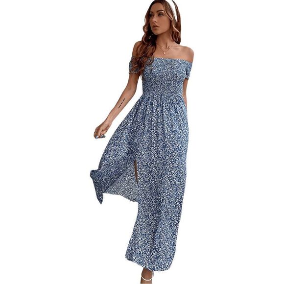 Floerns Women's Boho Floral Print Off Shoulder Split Long A Line Dress - Picture 1 of 17